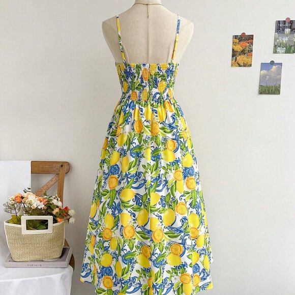 Multicolor Boho Women's Spaghetti Strap V-Neck Knotted Waist A-Line Midi Dress - Picture 2 of 7